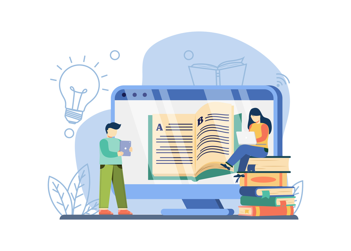 Digital Library concept. man and women read online book on screen. Online book application,E-Library, digital bookstore,web archive. sticker icon for web banner